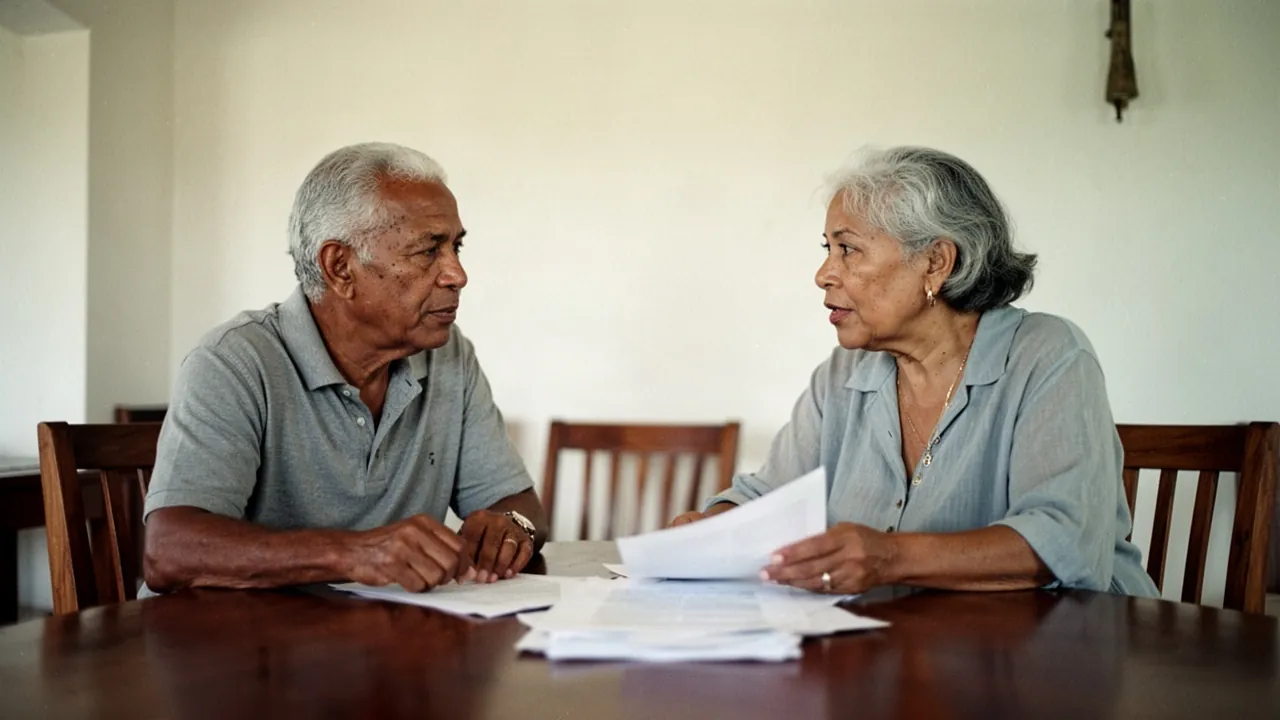 Elderly couple sitting across a wooden dining table, facing each other in conversation, holding papers in a bright room