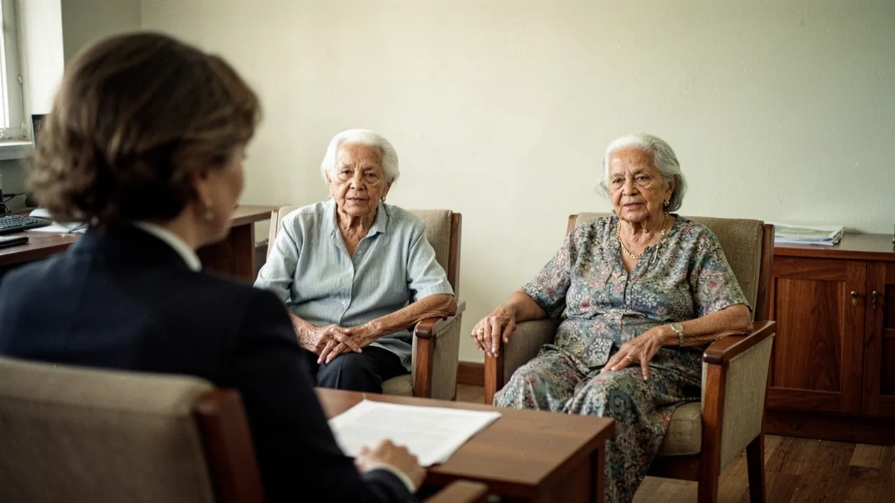 Two elderly women seated in armchairs listen to a woman seen from behind across a wooden desk in a calm office