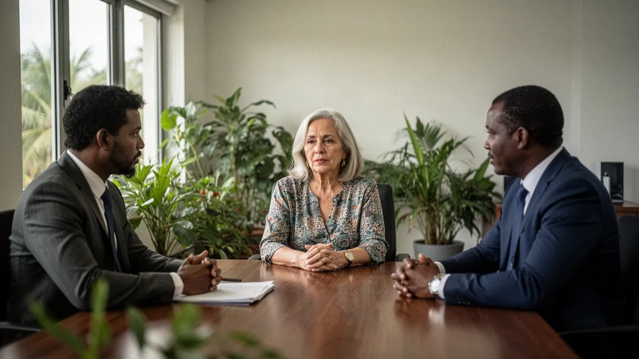 A senior woman with grey hair listens across a wooden table to two men in suits in a bright meeting room with plants