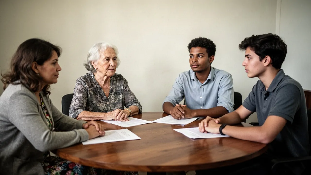 An older woman and two younger relatives sit with another woman around a round wooden table with papers in a quiet meeting room
