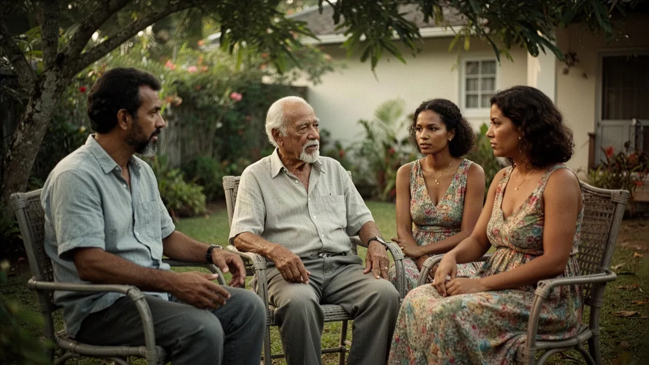 An elderly man talks with an adult son and two women seated on garden chairs in a shaded tropical garden at dusk