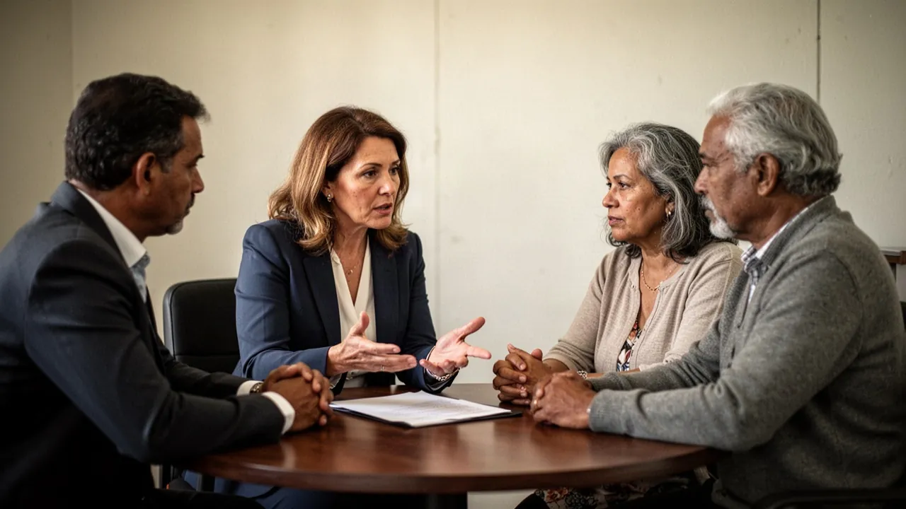 A woman in a navy blazer gestures while explaining to two older adults and a man seated around a round wooden table
